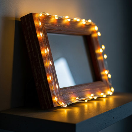 Wooden photo frame with glowing led garland on the shelf.の素材