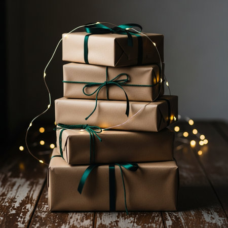 Gift boxes with green ribbons on wooden table, closeupの素材