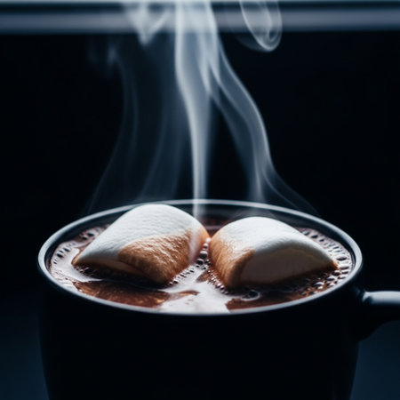 Hot chocolate with marshmallows on a black background with smoke.の素材