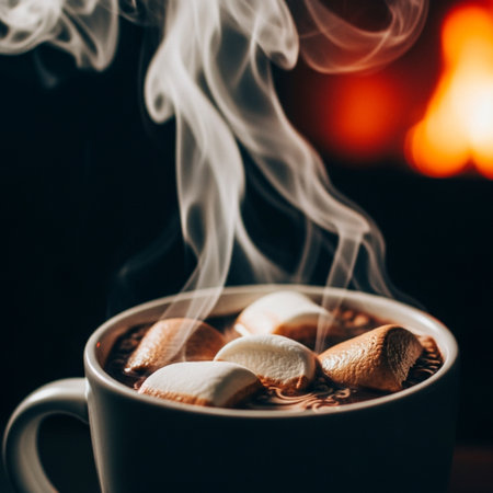 Hot chocolate with marshmallows on the background of a burning fireplaceの素材