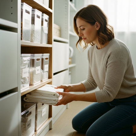Beautiful young woman choosing towels in a home furnishings store.の素材