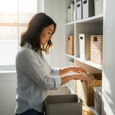 Beautiful young woman is opening a drawer in the office. She is standing near the shelves and smiling.の素材