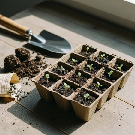 Planting seedlings in peat pots on the windowsill.の素材