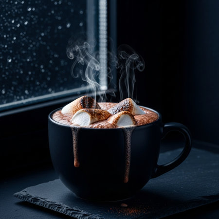 Hot chocolate with marshmallows in a cup on a black backgroundの素材