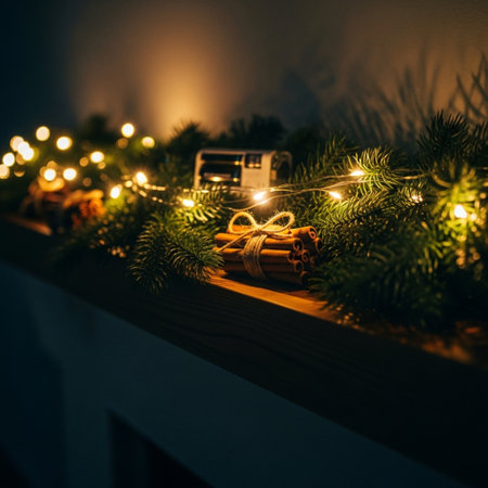 Christmas decoration with fir tree branches and garland lights on a wooden backgroundの素材