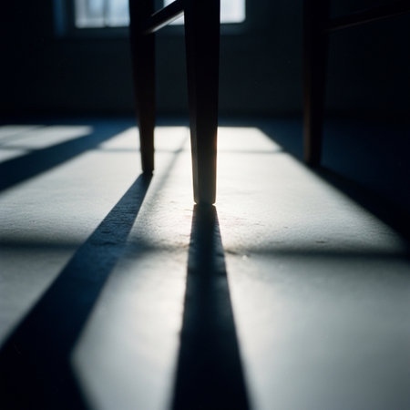 The shadow of a chair on the floor in a dark room.の素材