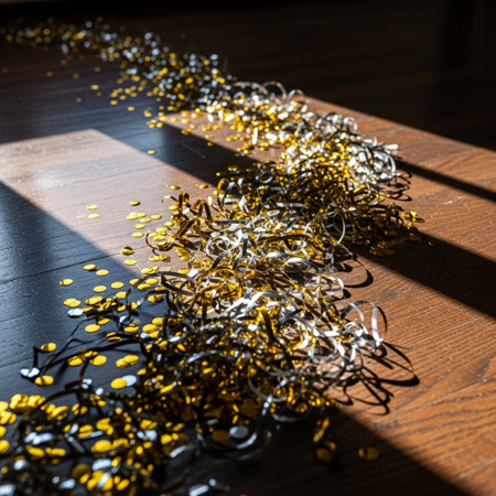 Christmas and New Year background with golden tinsel on a wooden tableの素材