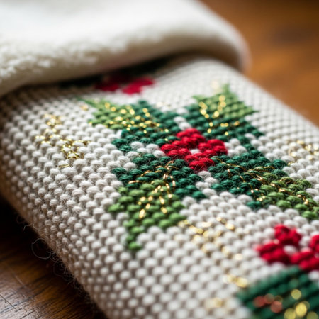 Embroidery on the fabric. Handmade. Selective focus.の素材