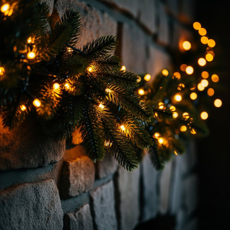 Christmas tree branches on the background of a brick wall with garlandsの素材