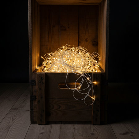 Christmas lights in a wooden box on a dark background. Christmas and New Year concept.の素材
