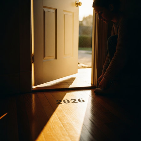 A young woman is sitting on the floor in front of a door with the inscription 2020の素材