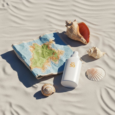 Sunscreen on the beach with a map of the sea and shellsの素材