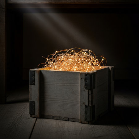 Wooden box with golden lights on a dark wooden background. Selective focus.の素材