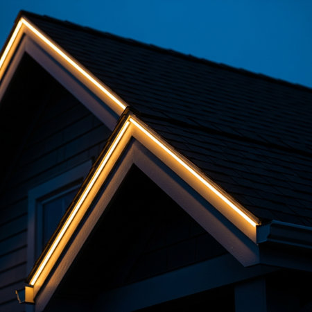 Roof of a house with yellow neon lights in the night.の素材