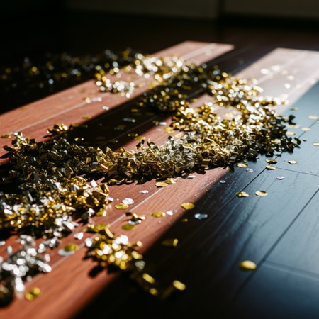 Golden confetti on a wooden floor. Festive background. Selective focus.の素材