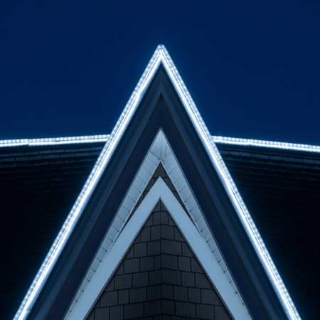 Blue lights on the roof of the house in the night. Abstract backgroundの素材