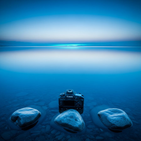 photo camera on the rocks in the sea at night, nature seriesの素材