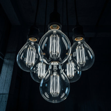 Vintage incandescent Edison light bulbs hanging on the ceiling.の素材