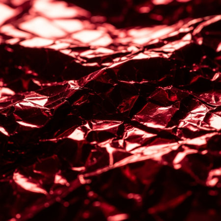 Close up of red crumpled foil texture background. Macro.の素材