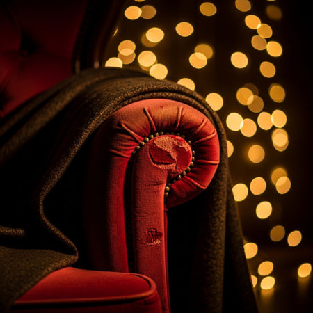 Red leather armchair with bokeh lights on the background.の素材