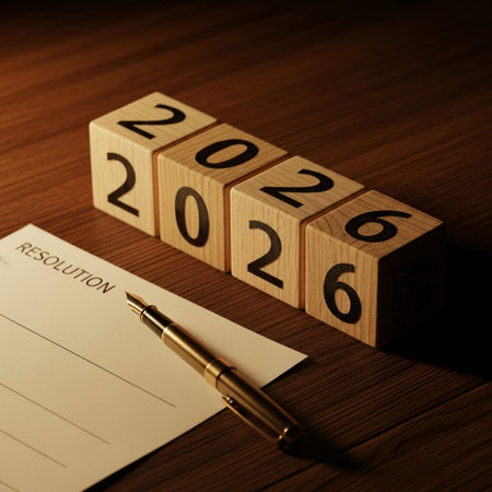 New Year's resolution 2020 concept with wooden cubes and pen on wooden tableの素材