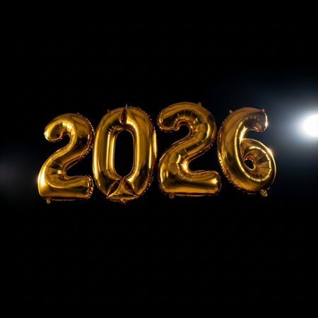 Happy new year 2016 gold foil balloon on black background with light.の素材