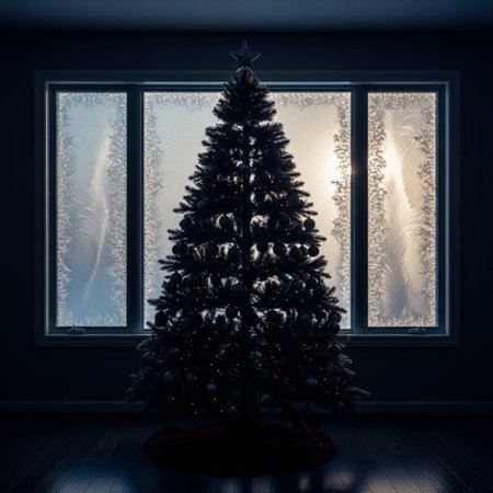 Christmas tree in the dark room with a large window. 3d renderの素材