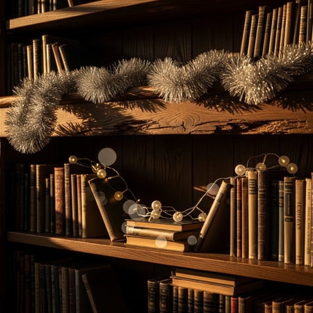Old bookshelves with christmas decorations on wooden background. Toned.の素材