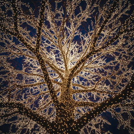 Illuminated tree at night with bokeh lights, abstract backgroundの素材