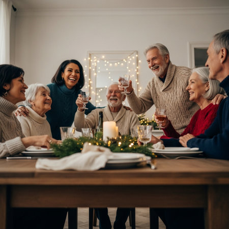 Happy family celebrating Christmas at home. Cheerful senior people clinking glasses with champagne.の素材