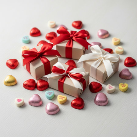 Valentine's day background with gift boxes, hearts and candiesの素材