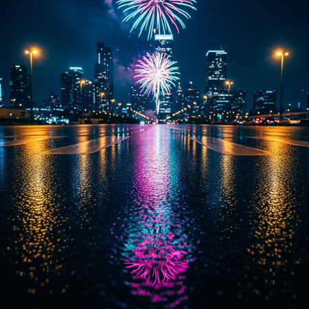 Beautiful fireworks in the night city with reflection on the water.の素材