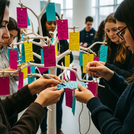 Group of students learning to make origami with sticky notes on the wall.の素材