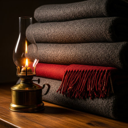 Lantern on a wooden table with a stack of gray towelsの素材