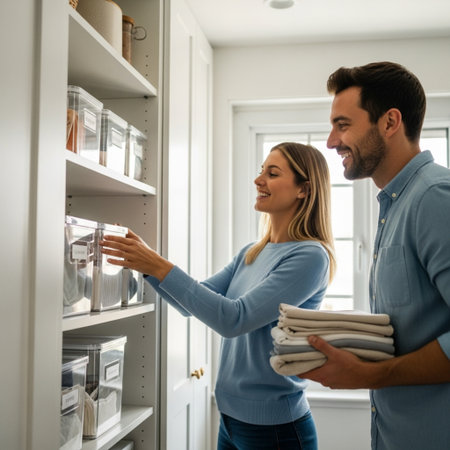 Beautiful young couple in love is holding a stack of clothes and smiling while standing in the kitchen at homeの素材