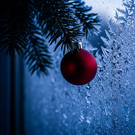 Christmas decoration on frozen window glass background. New Year and Christmas concept.の素材