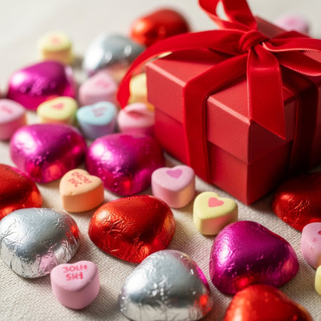 Heart-shaped chocolate candies wrapped in colorful foil and tied with a red ribbon.の素材
