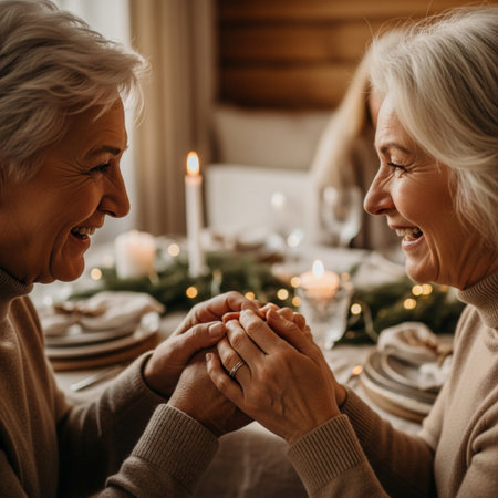 Close up portrait of happy senior woman and her daughter holding hands while celebrating christmas at homeの素材