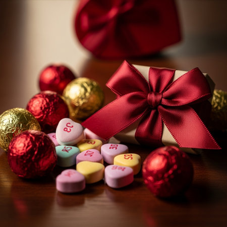 Chocolate candies wrapped in red and gold wrapping paper with hearts.の素材