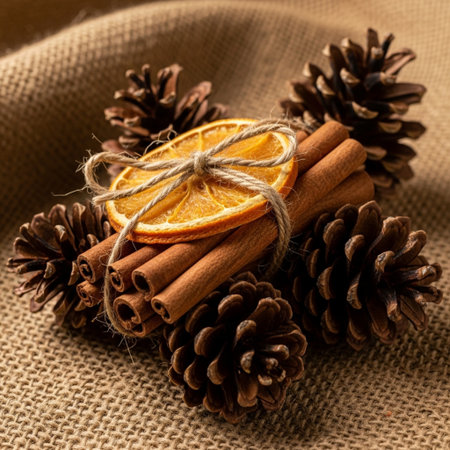 Christmas decoration with cinnamon, orange and cloves on burlap background.の素材