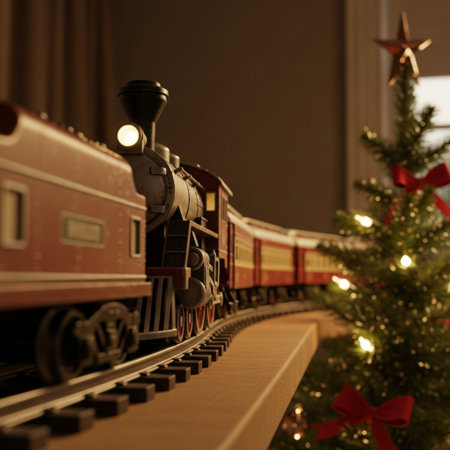 Christmas tree and toy train in the background. Selective focus.の素材