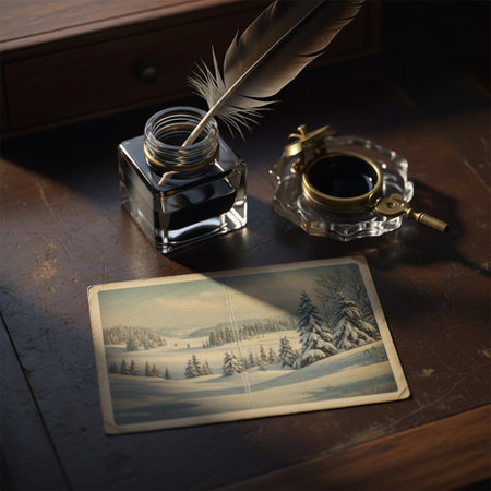 Feather pen, inkwell and old photo on a wooden tableの素材