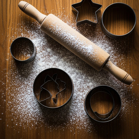 Baking background with rolling pin, cookie cutters and flour on wooden tableの素材