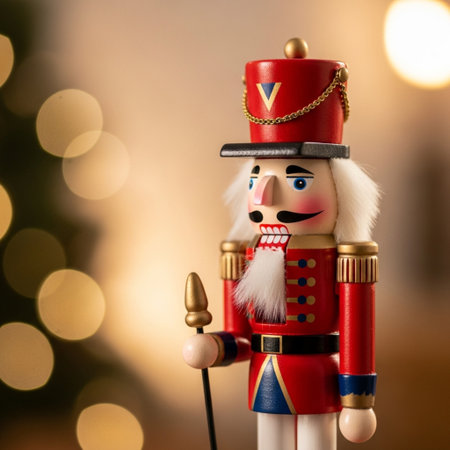Christmas nutcracker toy on bokeh background. Christmas background.の素材