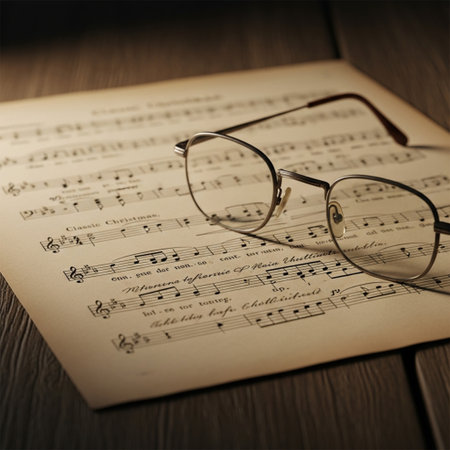 Music sheet with eyeglasses on wooden table, close-upの素材