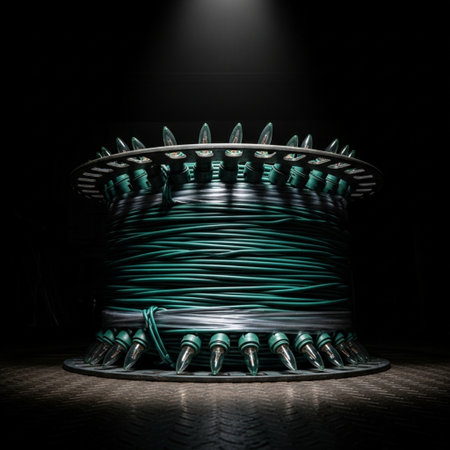 Futuristic 3D rendering of a green power cable on a dark backgroundの素材