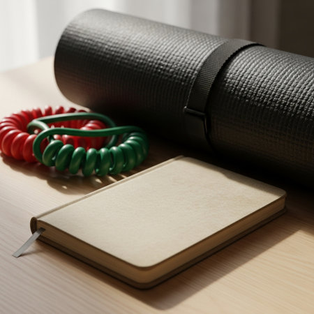 Yoga mat, yoga roll, rubber mat and phone on wooden tableの素材