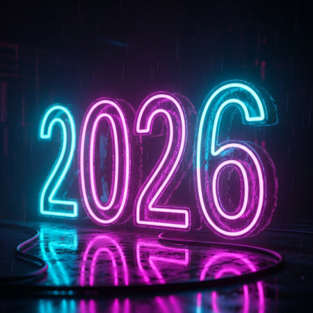 New year 2016 glowing neon sign on dark background. 3D Renderingの素材