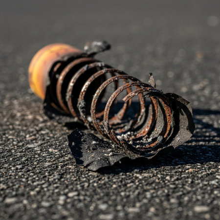Close-up of an old rusty metal spring on the asphalt.の素材