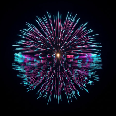 Colorful fireworks on the black sky background with reflection in water.の素材